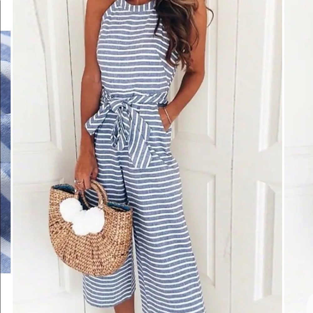 Boho jumpsuit with blue and white stripes